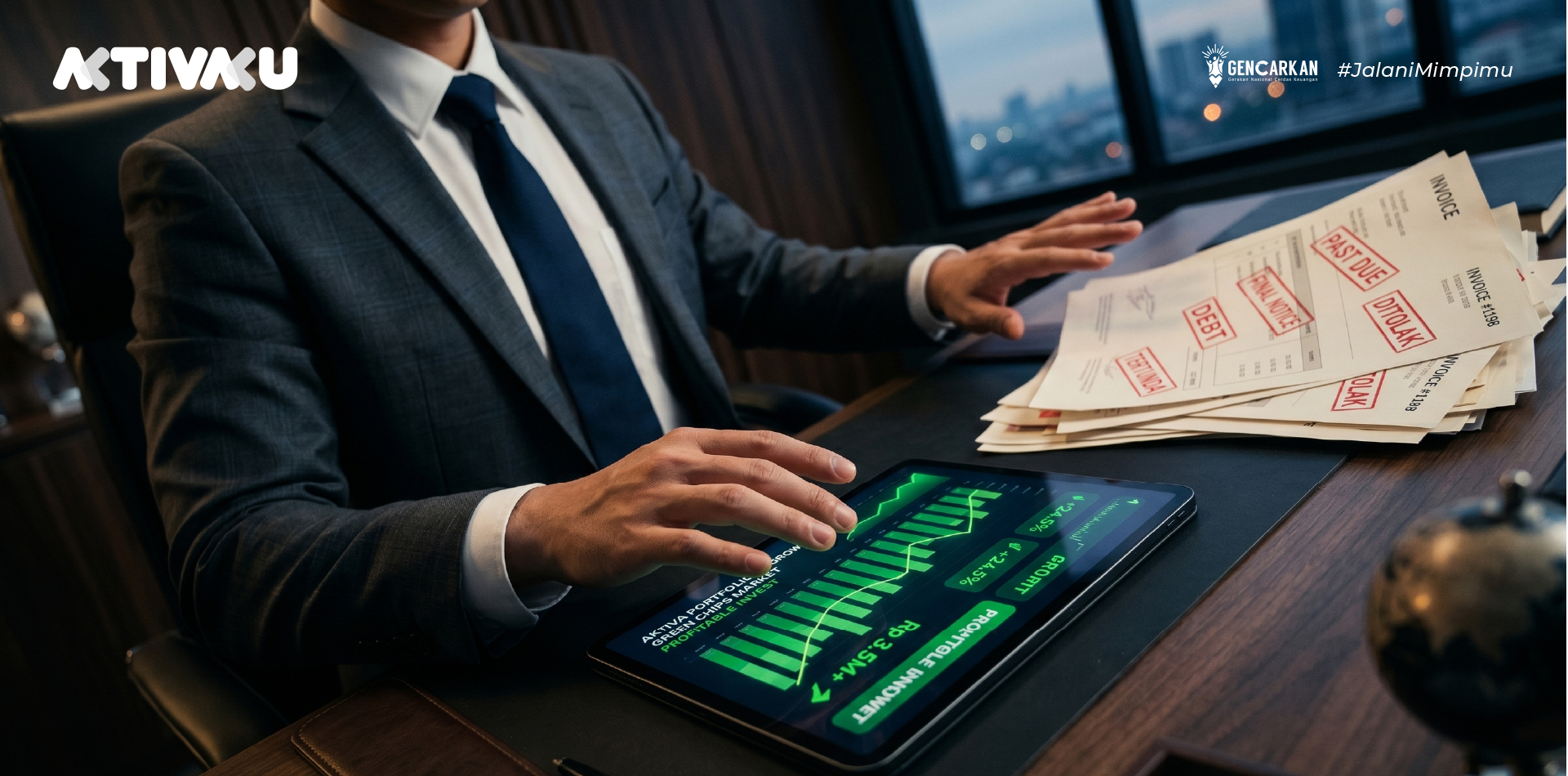 Grafik saham yang sedang naik tajam (bullish) bersanding dengan dokumen tagihan biaya rumah.