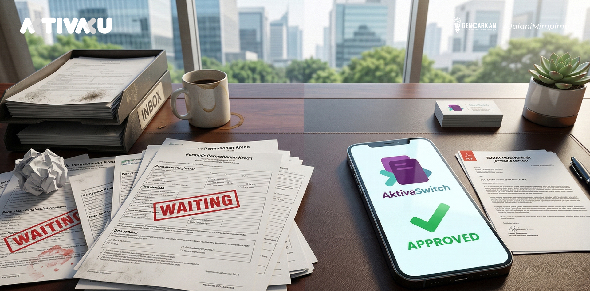 Perbandingan tumpukan dokumen KTA Bank yang rumit dengan proses persetujuan cepat Dana Talangan OL.