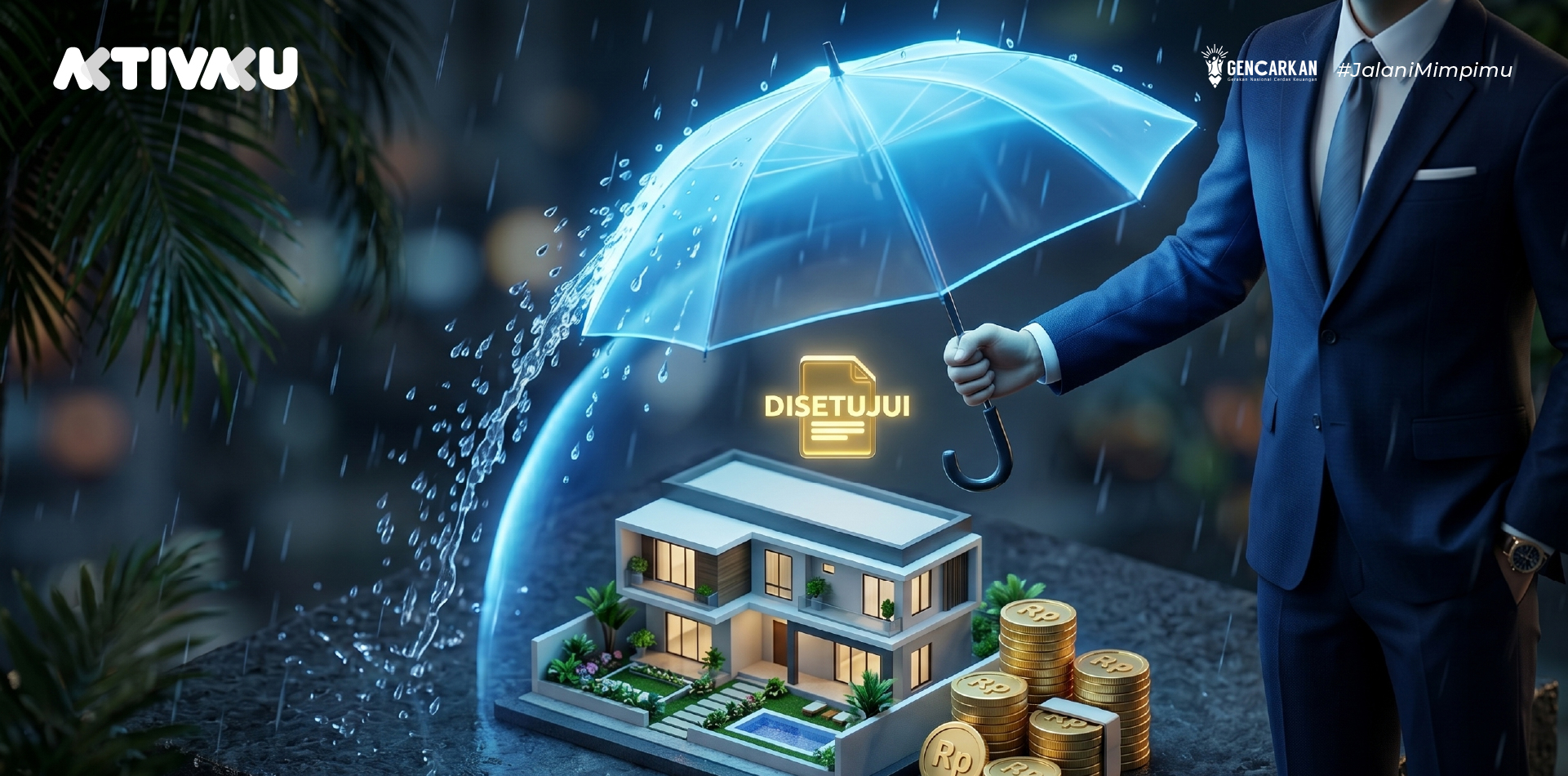 Konsep perlindungan finansial dan manajemen risiko dengan perisai yang melindungi aset properti