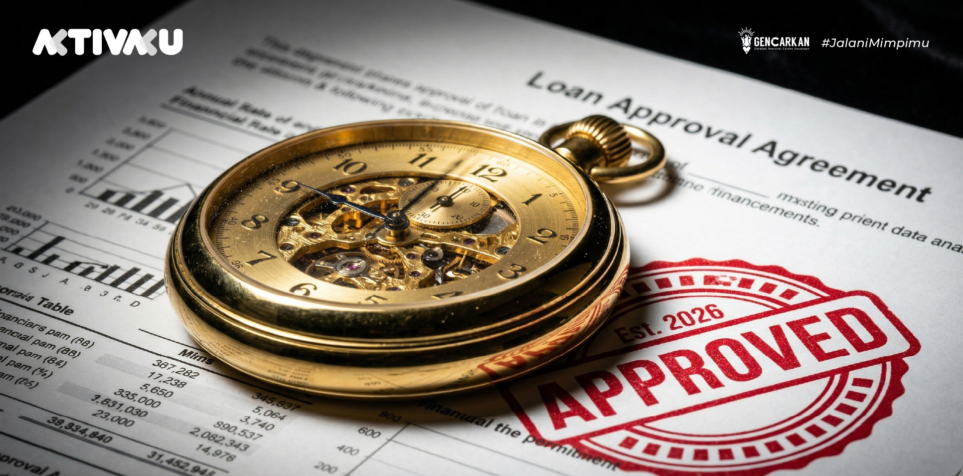 Ilustrasi stopwatch dan dokumen persetujuan yang menunjukkan kecepatan pencairan dana talangan.