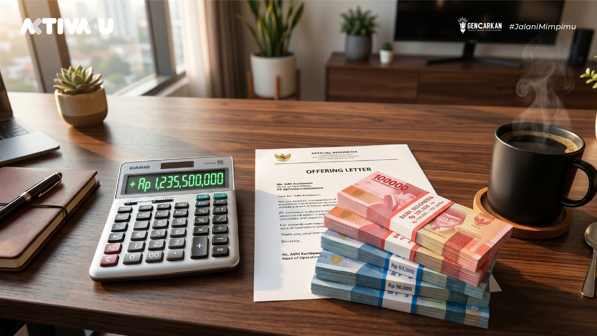 Kalkulator pintar dan uang tunai Rupiah di atas meja kerja, menyimbolkan perhitungan keuangan yang matang