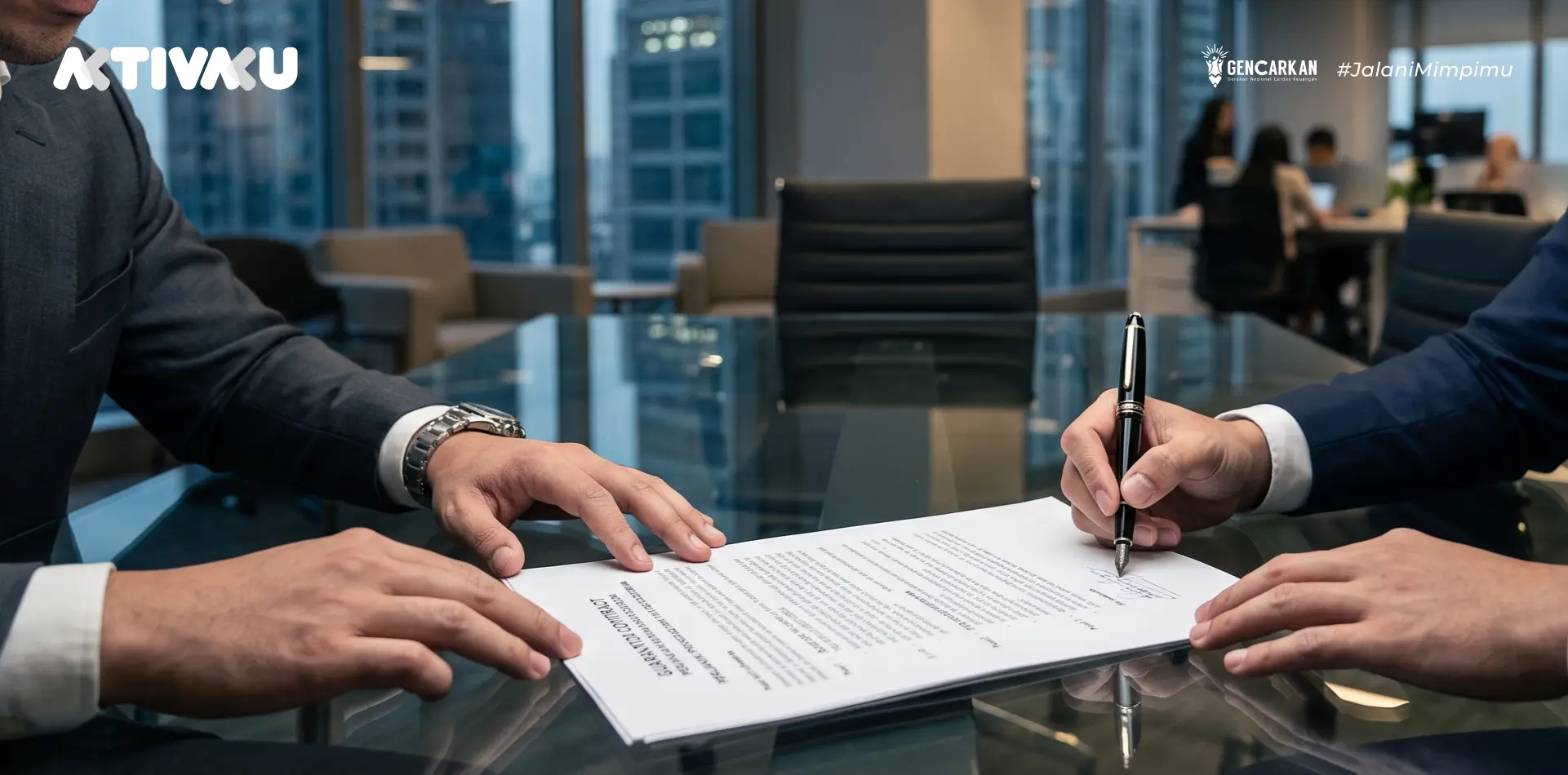 Penandatanganan kontrak penjamin atau co-borrower dalam pengajuan pendanaan modal bisnis.